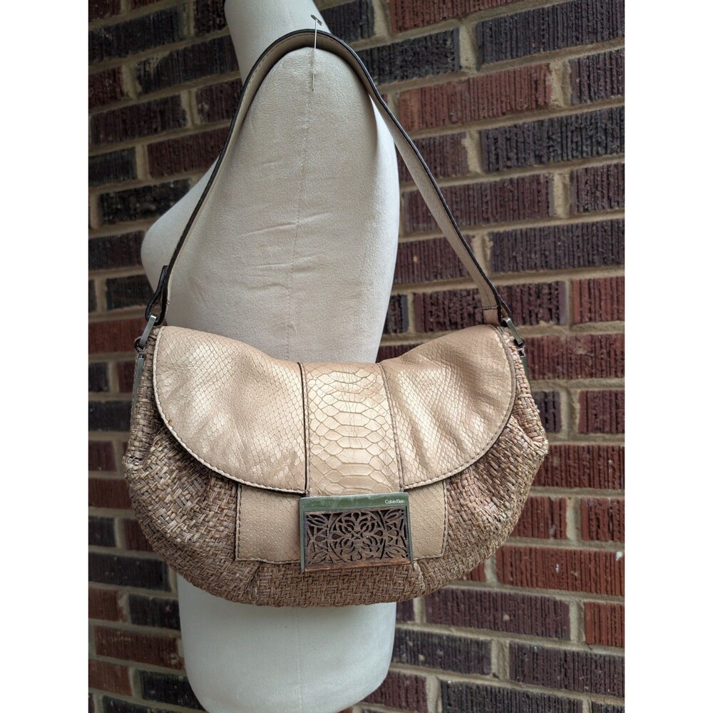 CALVIN KLEIN Y2K Snakeskin Embossed Metallic Beige Leather/Raffia Shoulder Bag